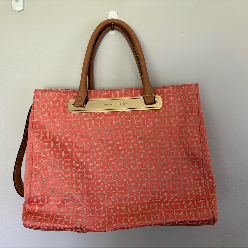 Tommy Hilfiger Coral Logo Tote with Tan Handles